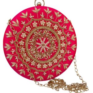 Leah Magenta Pink Gold Designer With Gold Embroidery Clutch Handbag