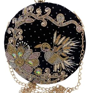 Black Plush Hand Embroidered Velvet Round Clutch Bag