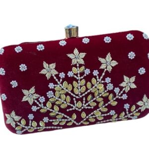 Elite Maroon Velvet Leaf Clutch Handbag