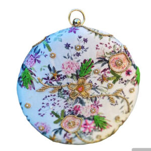 White Floral Embroidery Round Clutch Handbag