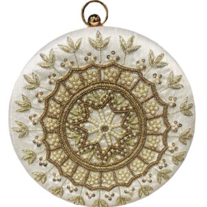 White With Gold Embroidery Handcrafted Round Clutch Bag