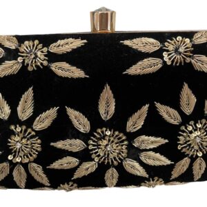 Black Velvet Clutch Handbag With Embroidered Gold Petals