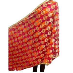Vibrant Orange Pink Handmade Phulkari Dupatta